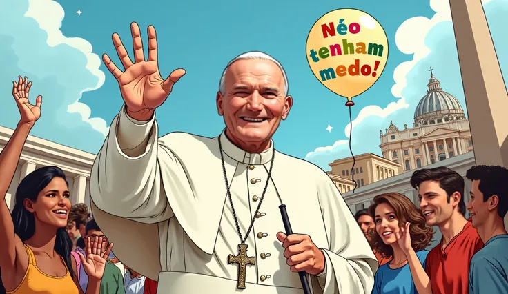 Comic book style illustration of Saint John Paul II smiling, with a background of Saint Peter's Square in the Vatican. He is dressed in his white cassock and skullcap, holding a pastoral staff in one hand and waving with the other. Around him, young people...