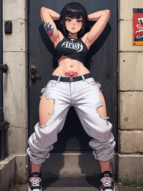 Girl with bangs, magriha, with arms back, posing embedded against the wall and showing off her sexy belly, wearing top,  ripped pants and sneakers all star . Several small tattoos on the body and belly. making a face
