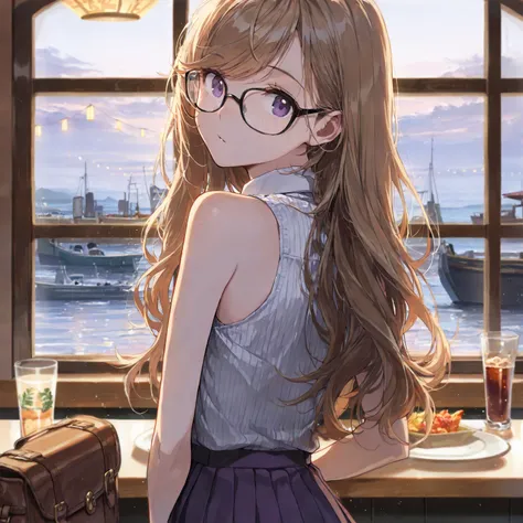 ((Masterpiece, best quality)), JK, intricate details, (((sleeveless, bare shoulders, bare arms))),light freckles, glasses, long light brown hair, head tilt, purple eyes, school crest, ribbed gray vest, sleeveless white collared shirt , purple pleaded skirt...