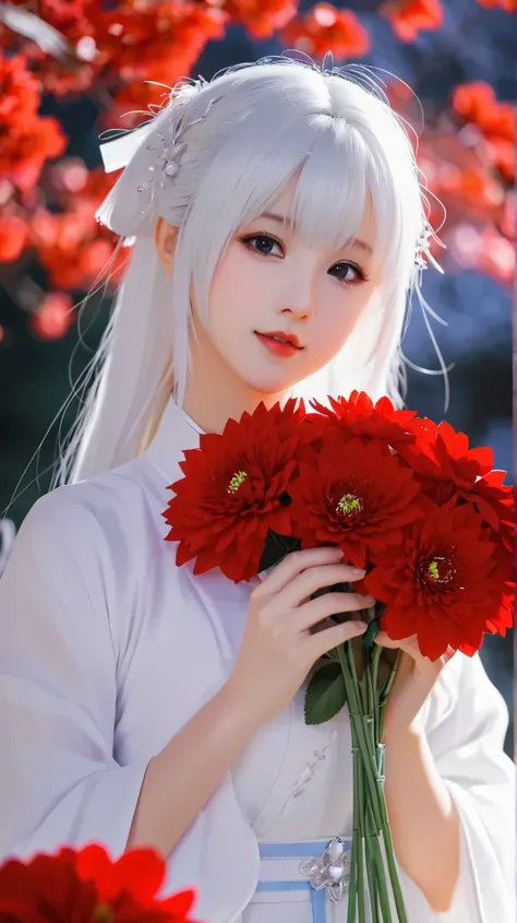   Very pretty cute girl 、头发上有花朵的Anime Girl, very 美丽的Anime Girl, 美丽的Anime Girl,   beautiful fantasy anime  , Gu Weiss, Anime Girl, 美丽的Anime Girl,   very beautiful anime girl  , Red flowers,   background blur, Anime style 4K, Anime fantasy work  ,  4K anime ...