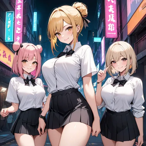   cyberpunk city , street,   night ,  Neon Light ,  neon sign ,  masterpiece,  top quality,  Hi-Res, ＪＫ,Big Breasts, 3 girls,black bow,black bowtie,  blond hair,bow,bowtie,chest, hair bun, go hand in hand,  Interlock Finger , long hair, I'm watching the vi...