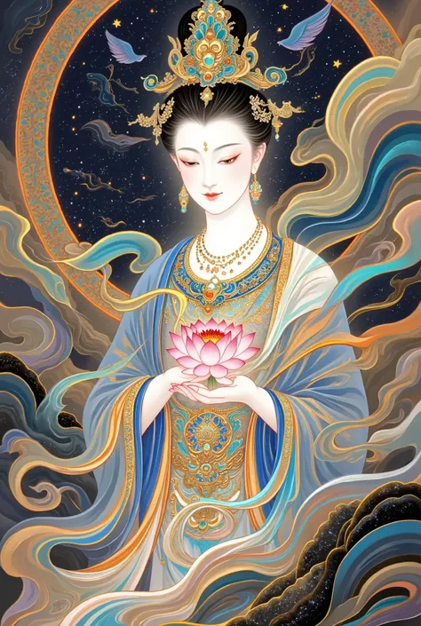   a beautiful art illustration , Dream Painting, ,  intricate fantasy painting , Wonderful fantasy landscape art , Chinese style illustrations，Silk Road，camel，Dunhuang，Chinese ancient buildings，Cloisonne， Cloisonne enamel ，antiquity，Crescent Moon，Buddha，Th...