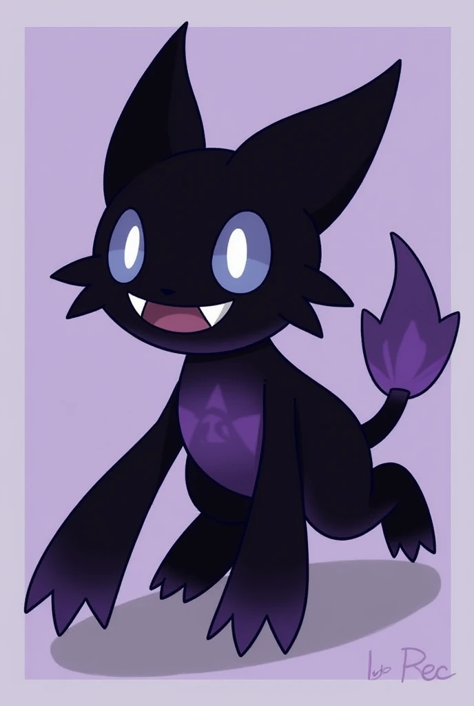  Meet your Pokémon , *Umbrastel *! 🖤 ! This stalking creature has an elongated shape , like a moving shadow ,  with black fur that shines with purple hues .  His eyes shine like stars and his smile reveals sharp fangs.  Its characteristic sound is a chilli...