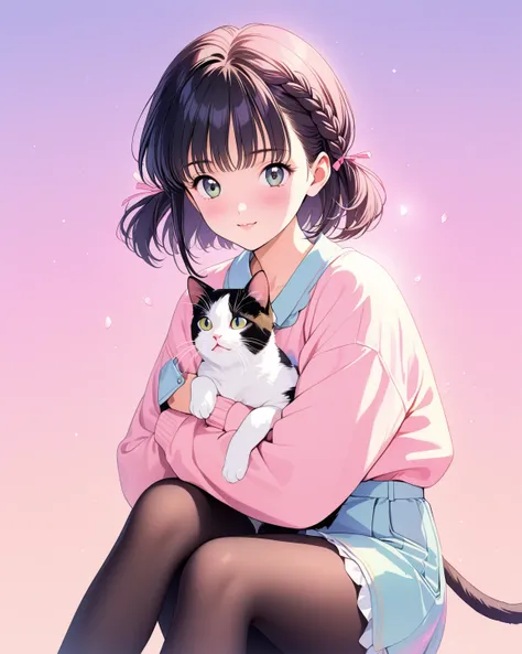 Hashimoto Kanna's girl with a cute face、( best quality:1.2,  Very detailed, Latest,  vibrant , masterpiece:1.2,  best quality,  best aesthetics),  girl, (( girl holding a cat:1.4)),  colorful hair,Short bob ponytail with braids ,  pastel colors ,  1980s St...