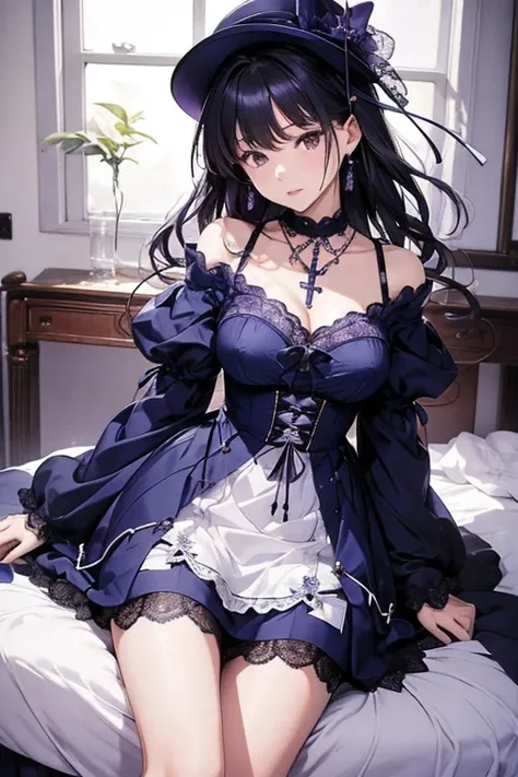 Akina Nakamori、 navy blue and purple lace dress  、、 beautiful women、 sexy、 white cross necklace on chest、Gothic、 miniature little hat 、Sharp and cute、 beautiful women、