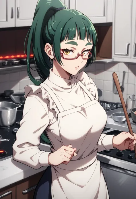 Maki zenin, long hair, ponytail, green hair, yellow eyes, glasses, bangs, thick eyebrows, medium breasts, outfit black, red face, under red lights, she is in kitchen, she wears cook apron but NAKED, KITCHEN, COOK APRON
