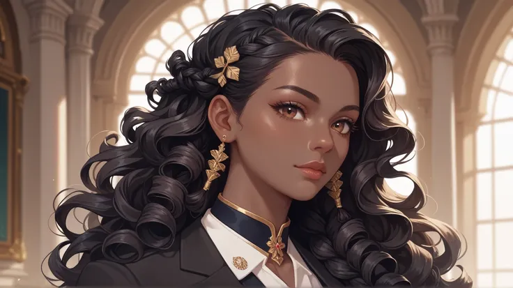 1 woman, beautiful, black hair, long hair, curly hair, braided hair, hair clipped, brown eyes, wearing polo, black skin, absurdres, high res, ultrasharp, 8K, masterpiece