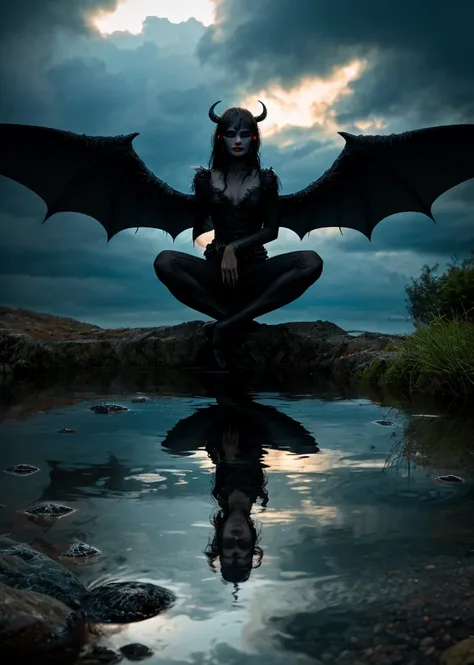 Demon woman sitting in the rain .  with wings outstretched .  Her reflection in the water looks like a burning shadow and black smoke. 