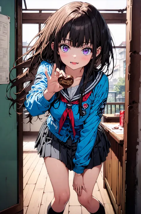 Takiuchikami,  check it out, Alone, long hair, bangs,   black hair,   purple eyes ,smile,blush, open your mouth,Glasses, black sailor suit that grabs the thigh,blue cardigan, Long Sleeve, black mini pleated skirt ,Black socks,,incoming Food,heart shaped ch...