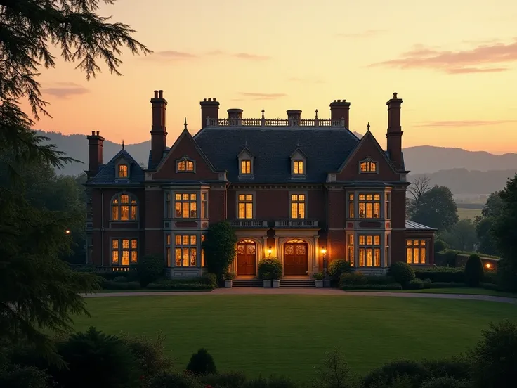 a photo of a 19th-century English mansion in the middle of the countryside at dusk