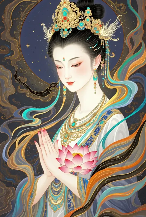   a beautiful art illustration , Dream Painting, ,  intricate fantasy painting , Wonderful fantasy landscape art , Chinese style illustrations，Silk Road，camel，Dunhuang，Chinese ancient buildings，Cloisonne， Cloisonne enamel ，antiquity，Crescent Moon，Buddha，Th...