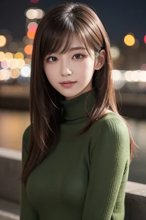 one 19 year old girl, (Dark green turtleneck thin sweater), Raw photo, highest quality, photorealistic, very delicate and beautiful, very detailed, 8K wallpaper, High resolution, soft light, very detailed目と顔, beautifully detailed nose, detailed and beautif...