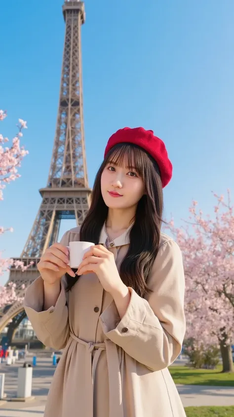 A stylish young woman with long wavy brown hair, wearing a chic beige trench coat and a red beret, holding a cup of coffee while smiling at the camera. Behind her stands the iconic Eiffel Tower with a clear blue sky. Soft sunlight and blooming spring flowe...