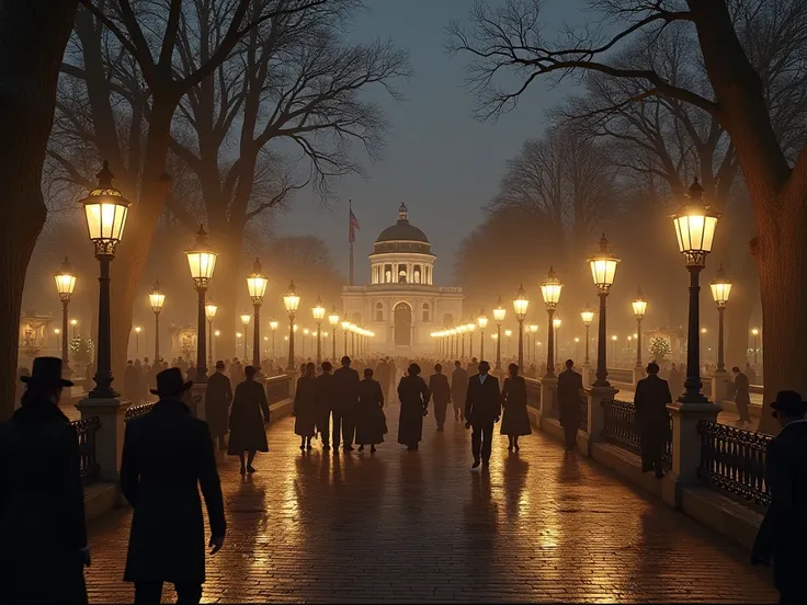 a realistic photo of the Vauxhall Gardens at night in the 19th century