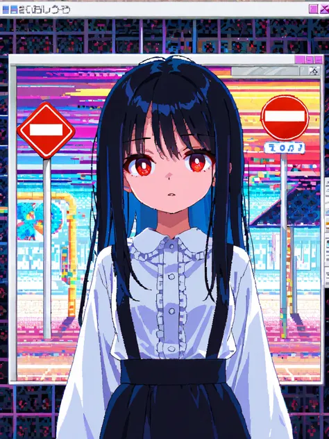 1girl, {{pixel art}}, abstract, what, psychedelic, hallucination, rating:general, best quality, amazing quality, great quality, very aesthetic, aesthetic, absurdres, Digital illustration, anime style, melting, abstract background, colorful, stop sign, road...