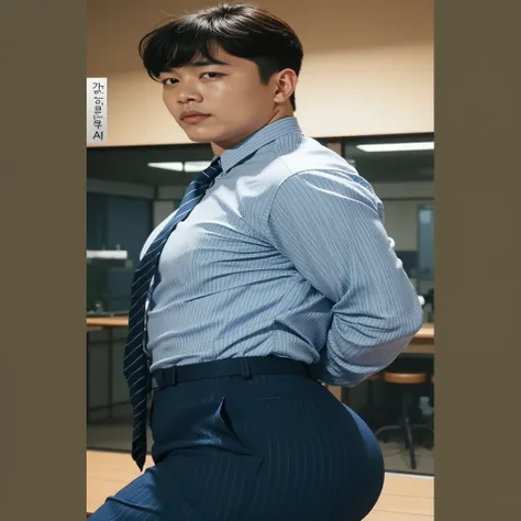 40-year-old boy ,Korean bulky male officer ,Wear navy blue police uniform shirt................ pinstripe navy blue smooth tight trouser, transparent pants obvious underwear print ,((unrealistic super big tight butt wearing pants)), legs wide open, legs on...