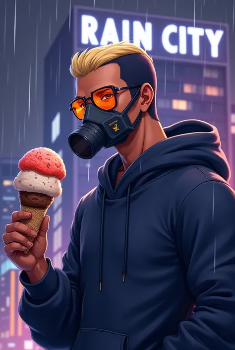 Male character with shaved hair in two colors blond and black, Hoddie dark blue,  glasses with orange lenses , oxygen mask,  with an ice cream cone of three flavors in a ball in his left hand, It's in a rainy and dark city, a building behind it called “Rai...