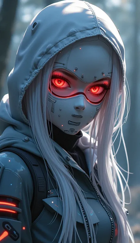 and two eyeglass lenses sewn into the white mask on the hood,  a detailed painting by Jin Homura, pixiv, shin hanga,  highly detailed face, ahegao face, ( (  extreme details ) ), biomechanical oppai,  but the armor covers your face , , Ayaka Genshin impact...