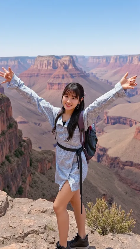 A young adventurer with a ponytail, wearing a casual hiking outfit with a backpack, standing on the edge of the Grand Canyon with her arms wide open. The vast canyon stretches behind her with warm hues of orange and red. The sky is clear, and a slight wind...