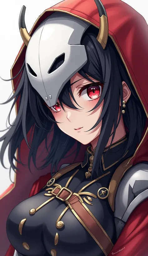 and a white mask on the hood ,  a detailed painting by Jin Homura, pixiv, shin hanga,  highly detailed face, ahegao face, ( (  extreme details ) ), biomechanical oppai,  but the armor covers your face , , Ayaka Genshin impact, azur lane style, visor coveri...