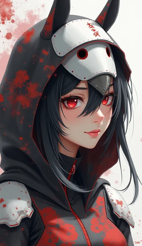 and a white mask on the hood ,  a detailed painting by Jin Homura, pixiv, shin hanga,  highly detailed face, ahegao face, ( (  extreme details ) ), biomechanical oppai,  but the armor covers your face , , Ayaka Genshin impact, azur lane style, visor coveri...