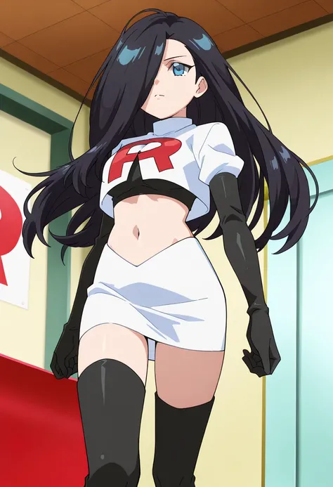 best quality, masterpiece
BREAK
1girl, natsukohirose, black hair, long hair, blue eyes, hair over one eye,
team rocket,team rocket uniform,white skirt,red letter R,crop top,black thigh-highs,black elbow gloves, cowboy shot,
indoors