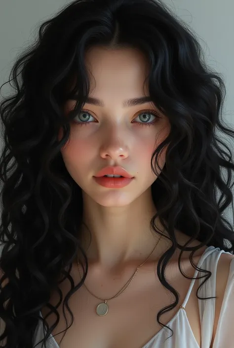 Make a humanized image of a 21-year-old woman who has very curly hair, bulky, black and long. Pale white skin and bluish gray eyes 