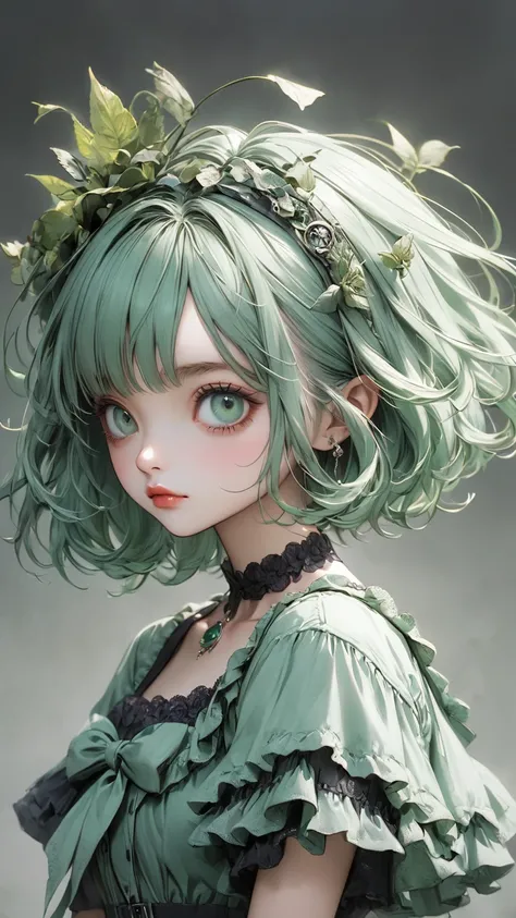  Tim Burton style、   is very realistic 、Mint green short bob