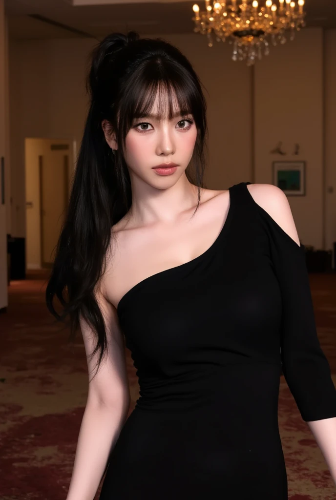 Black long pony tail hair, little bangs, long black tight dress, arms and collar bone showing off, without accessories, in a ball room, pale skin.