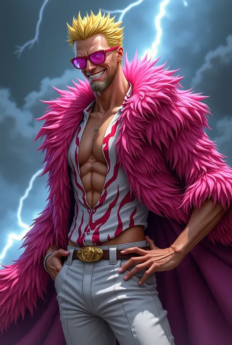 A hyper-realistic portrait of Vincent Cassel dressed as Donquixote Doflamingo from One Piece. Vincent should have a sharp, confident smile with a menacing gaze behind pink, angular sunglasses. His hair should be styled in a short, spiky blonde look. He is ...