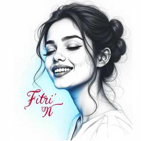 Showing the face of a beautiful Indonesian woman with a sweet smiling face while closing her eyes, with thin strands of hair slightly in a bun very softly blown by the wind glowing neon blue in a very thin black pencil sketch painting that appears to be fl...