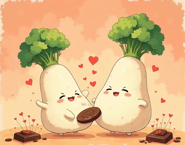 (masterpiece:1.2, best quality),(many Daikon characters)\(Japanese white radish character with green leaves),happy Valentine atmosphere,(red) heart shaped 🍫\chocolate patterns,cute illustration