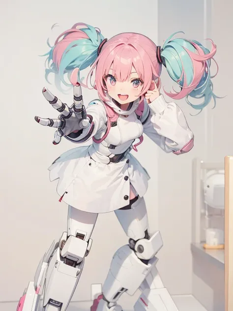 
  1 girl,   High Resolution , robot, Twintail,  Pink Hair, smile, Open your mouth, Status, 