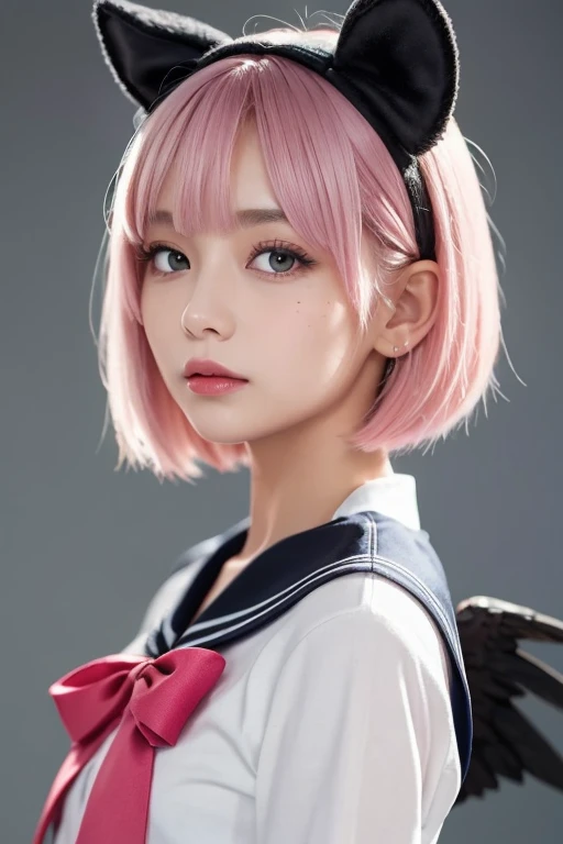  ski style,  from the side 1 girl , Alone,  pink hair,  animal ears ,  blue eyes, Wings,  is looking, mole, bangs,  short hair , bow,  sailor color ,  simple background, white  sailor color , mole under mouth, hair bow, pink bow,  Closed Her Mouth ,  shirt...