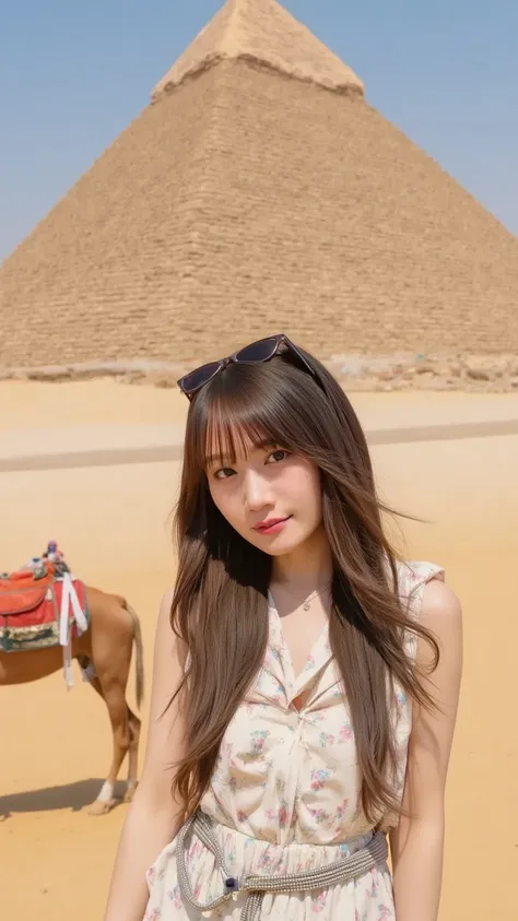 A young woman with long, windswept hair, wearing a loose desert-style outfit and sunglasses, standing in front of the Pyramids of Giza. The golden desert sands stretch around her, and a camel is visible in the background. She looks at the camera with an ad...