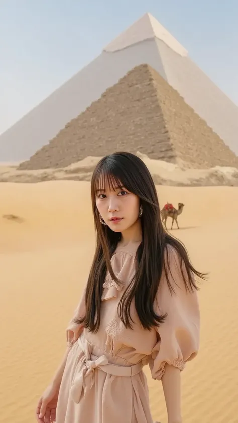 A young woman with long, windswept hair, wearing a loose desert-style outfit and sunglasses, standing in front of the Pyramids of Giza. The golden desert sands stretch around her, and a camel is visible in the background. She looks at the camera with an ad...