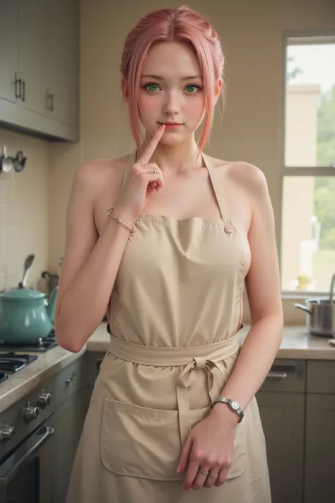 masterpiece, best quality, (Sakura Haruno:1.2), short pink hair, green eyes, fair skin, Strength of a Hundred Seal on forehead, slender build, beige apron, silver bracelets on both wrists, silver ring on left ring finger, blushing, indoor kitchen setting, ...