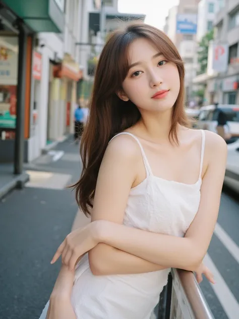 ((Best Quality, 8K, masutepiece: 1.3)), 1girl in, Slim Abs Beauty: 1.3, (Hairstyle Casual, ), ストリート, white dress : 1.1, Super fine face, Delicate eyes, Double eyelids, Smile, bed，length hair