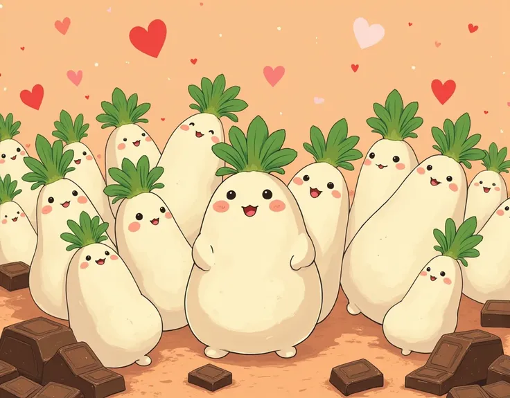 (masterpiece:1.2, best quality),(many (cute) Daikon characters)\(Japanese white radish character with green leaves),happy Valentine atmosphere,(red) heart shaped 🍫\chocolate patterns,cute illustration