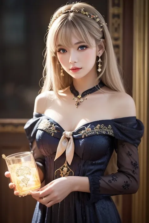  One Girl ,  long hair, Light Hair Color,  enchanting eyes,  Mysterious Expressions , Mature Appearance, Attractive dress,  Relaxed Dress, Graceful Jewels , Intricate decoration, Magic symbols, Glowing Accessories,  potion , Scroll, Cute accent, bow, ribbo...