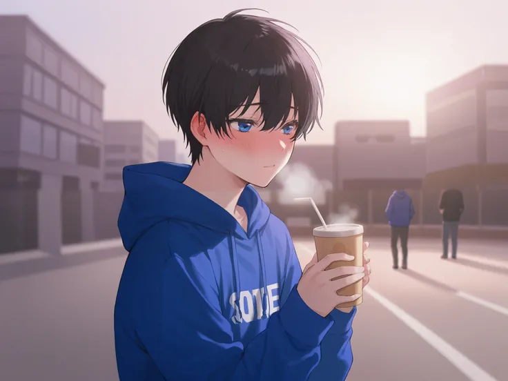 Anime Man with short black hair and Blue eyes. Blue hoodie. Blushing