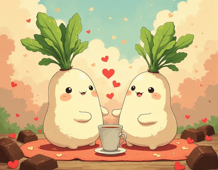 (masterpiece:1.2, best quality),((two) (cute) Daikon characters)\(Japanese white radish character with green leaves),tea time,happy Valentine atmosphere,(red) heart shaped 🍫\chocolate patterns,cute illustration