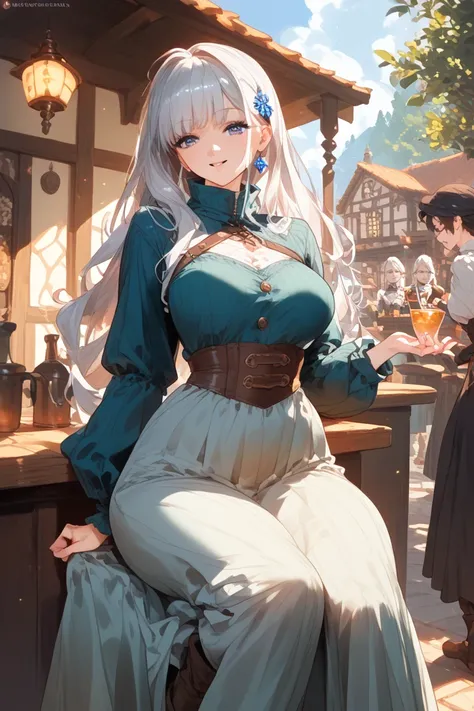 Cheerful older sister at the bar。 The impression of being healthy and tanned、 Modest Tavern Style Outfit , Medieval Style ,  Long Sleeve, High collar, Knee-length long skirt、 Silver Hair、 long hair、 my hair is down 