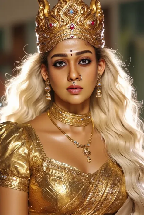 Full body image of Goddess durga wearing golden armor suit with futuristic sci fi technology and intricate indian design also have golden jewelry, xnayan very thick milf body, long white hair, white skin tone, red lipstick, hyper realistic image, wearing b...