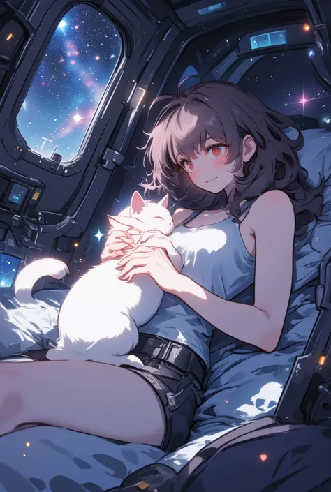 Anime illustration, (A cute young lady is holding a white cat\(American Shorthair cat, in her chest\), she and the cat are looking at each other intently), wavy hair, long hair, red eyes, smile, wearing a white tank top with shorts, She is lying on back in...