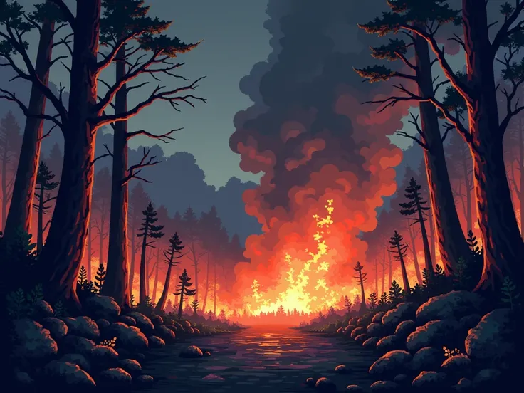 Forest on fire in pixel art without animals or people