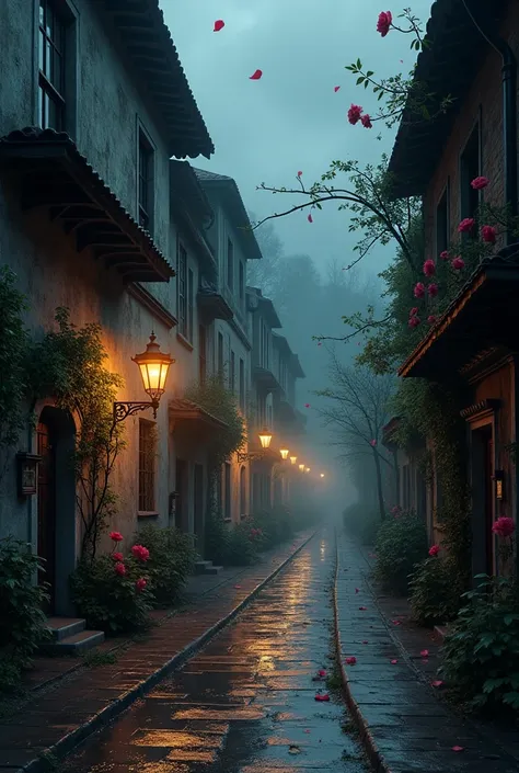 Gloomy rainy evening at the old town street with old houses in roses and evening lanterns 