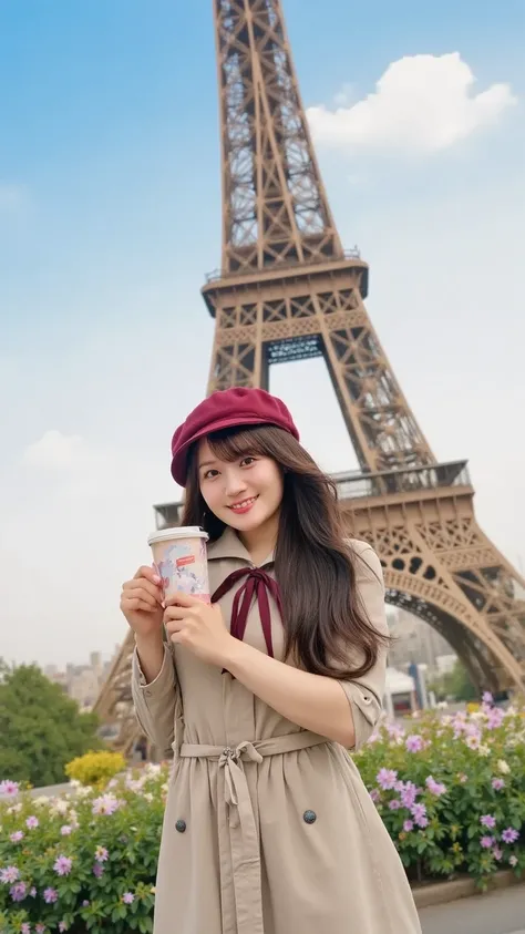 A stylish young woman with long wavy brown hair, wearing a chic beige trench coat and a red beret, holding a cup of coffee while smiling at the camera. Behind her stands the iconic Eiffel Tower with a clear blue sky. Soft sunlight and blooming spring flowe...