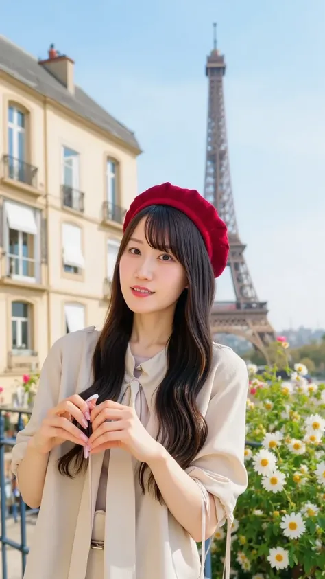 A stylish young woman with long wavy brown hair, wearing a chic beige trench coat and a red beret, holding a cup of coffee while smiling at the camera. Behind her stands the iconic Eiffel Tower with a clear blue sky. Soft sunlight and blooming spring flowe...