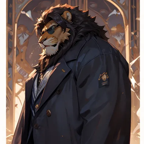 Male lion, strong body, wearing a coat, black sunglasess, spy